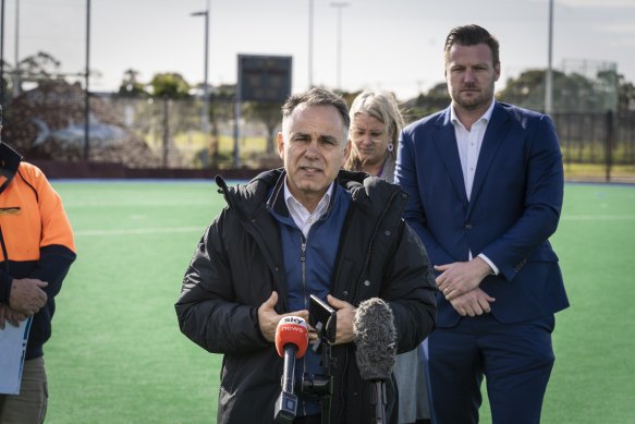 Victorian Opposition Leader John Pesutto at a press conference in July with Sam Groth, who is considered a contender for the leadership position
